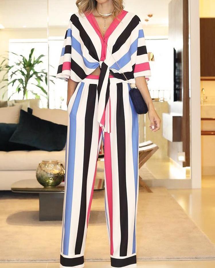 

Contrast Stripes Knotted Top & Long Pants Sets, Multicolor