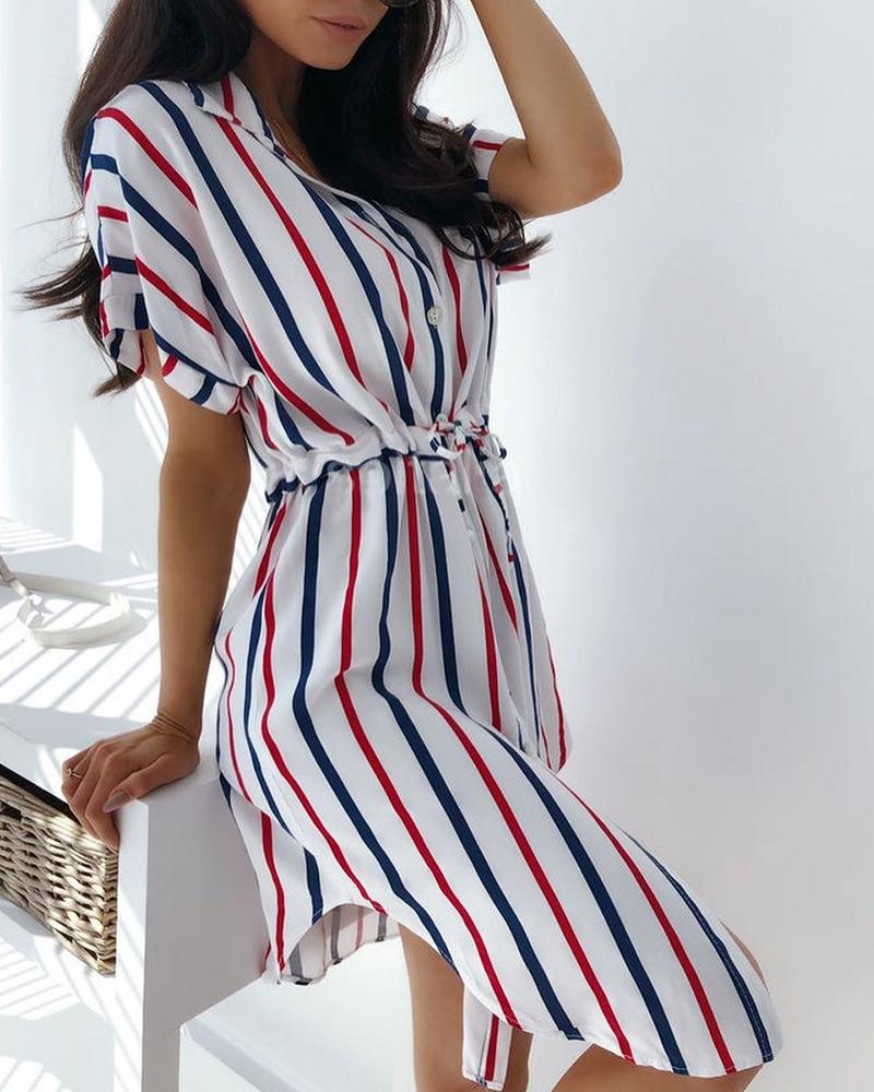 

Colorful Striped Drawstring Waist Shirt Dress, White