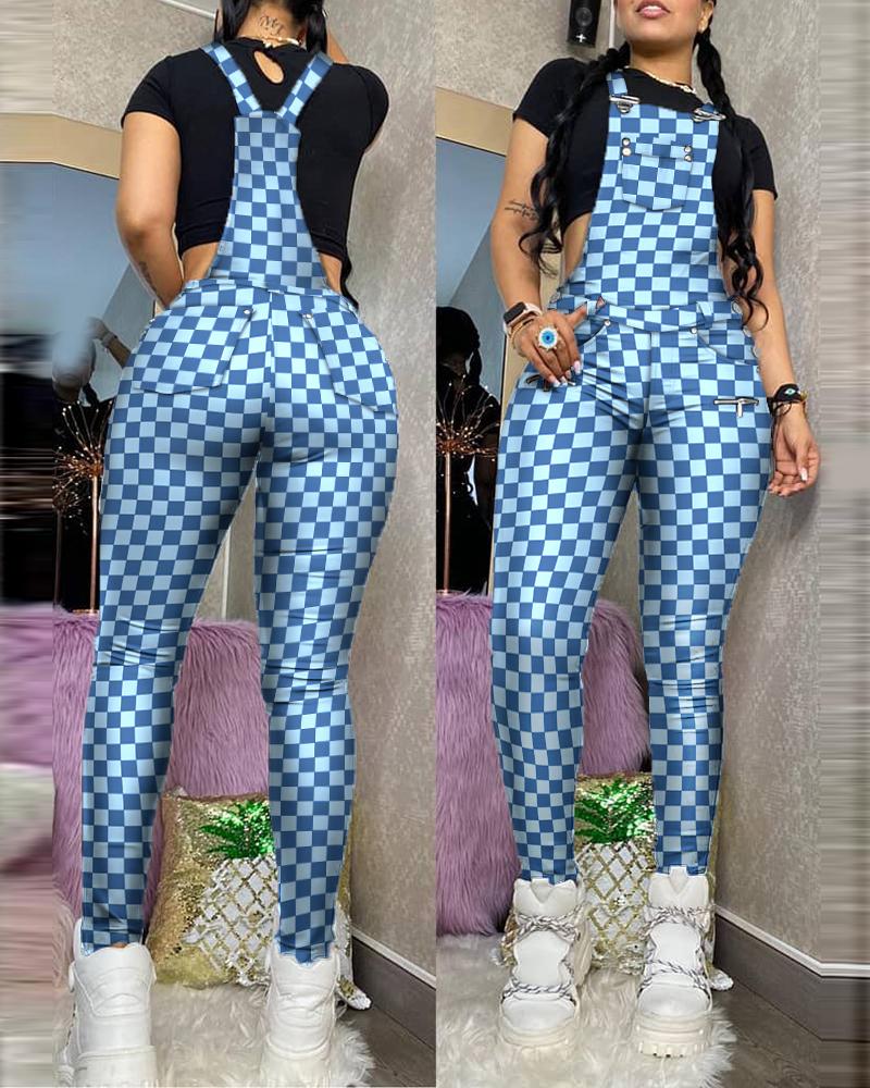 

Plaid Zipper Pocket Design Fitted Suspender Jumpsuit, Blue