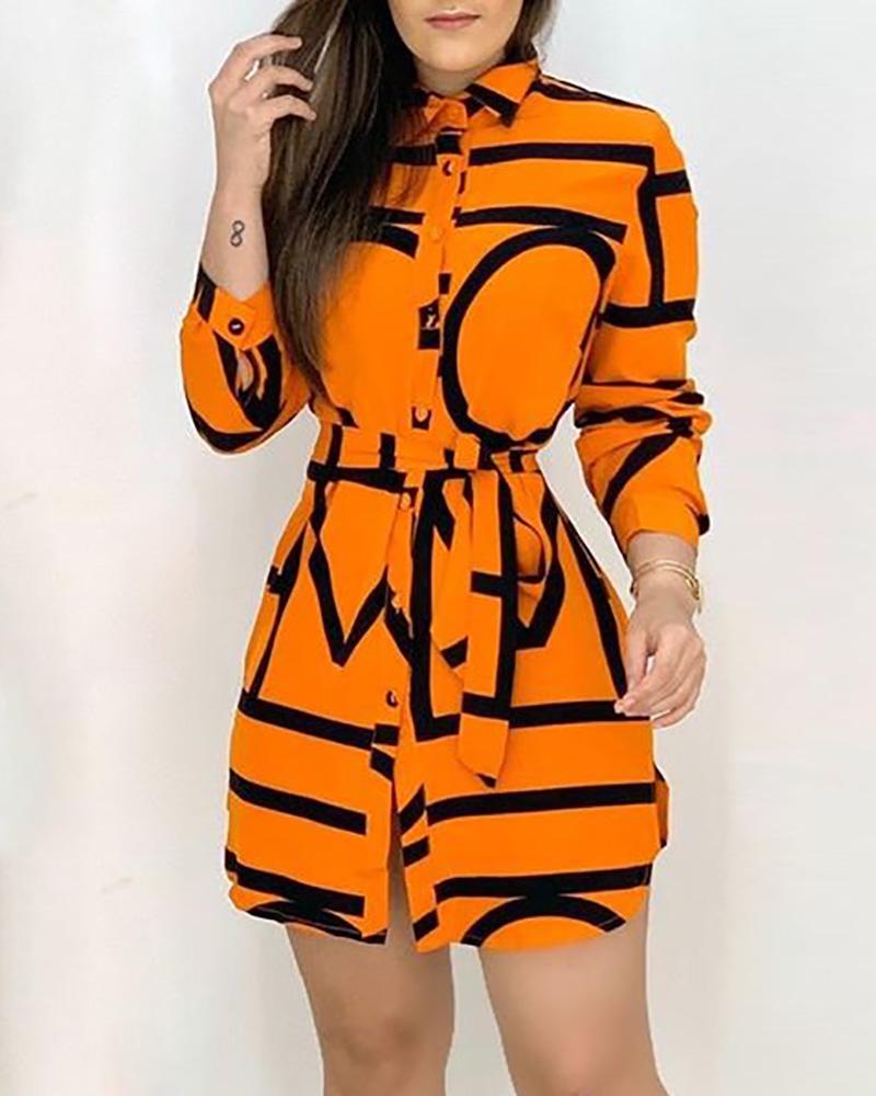 

Abstract Print Long Sleeve Shirt Dress, Orange