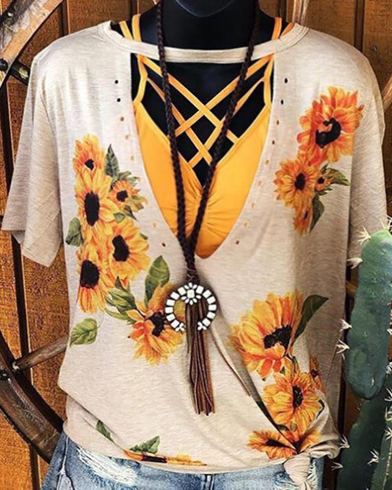

V-neck Cut Out Sunflower Print T-shirt, Yellow