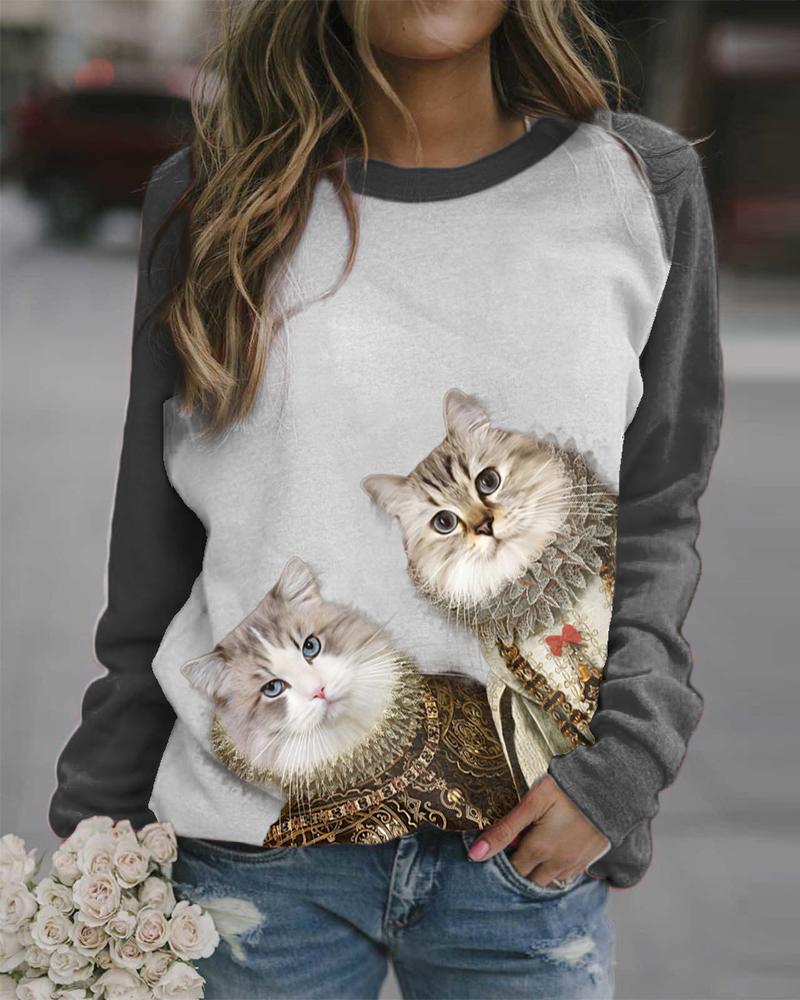 

Cat Print Long Sleeve Sweatshirt, Dark grey