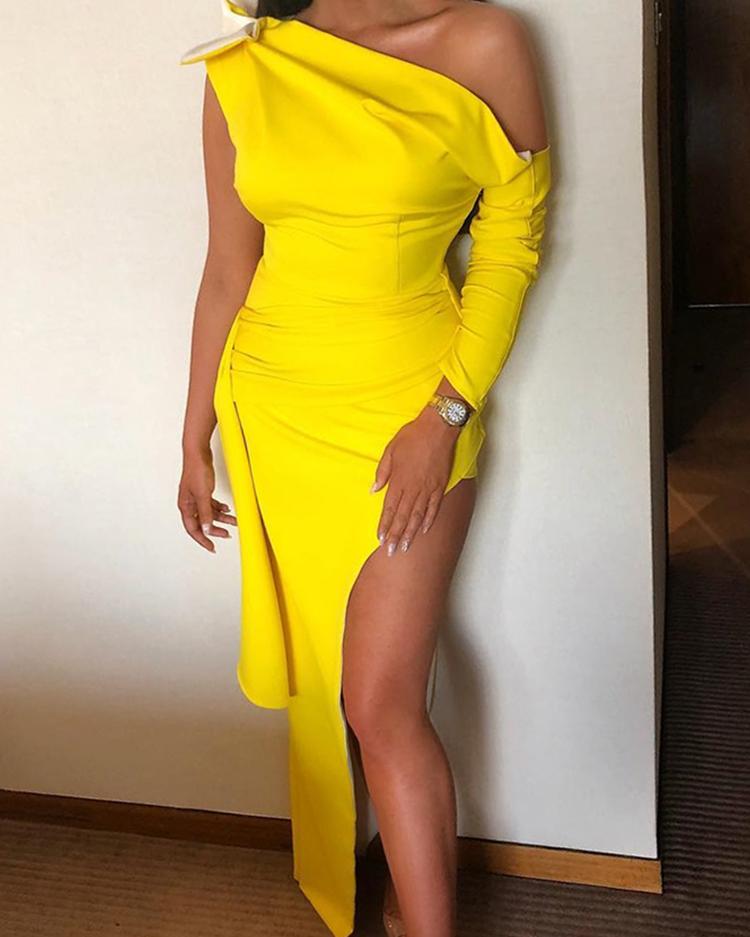 

Solid One Shoulder Slit Side Party Dress, Yellow