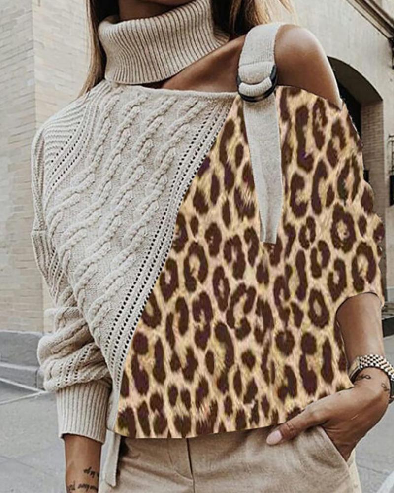 

One Shoulder Colorblock Cut Out Knit Sweater, Leopard