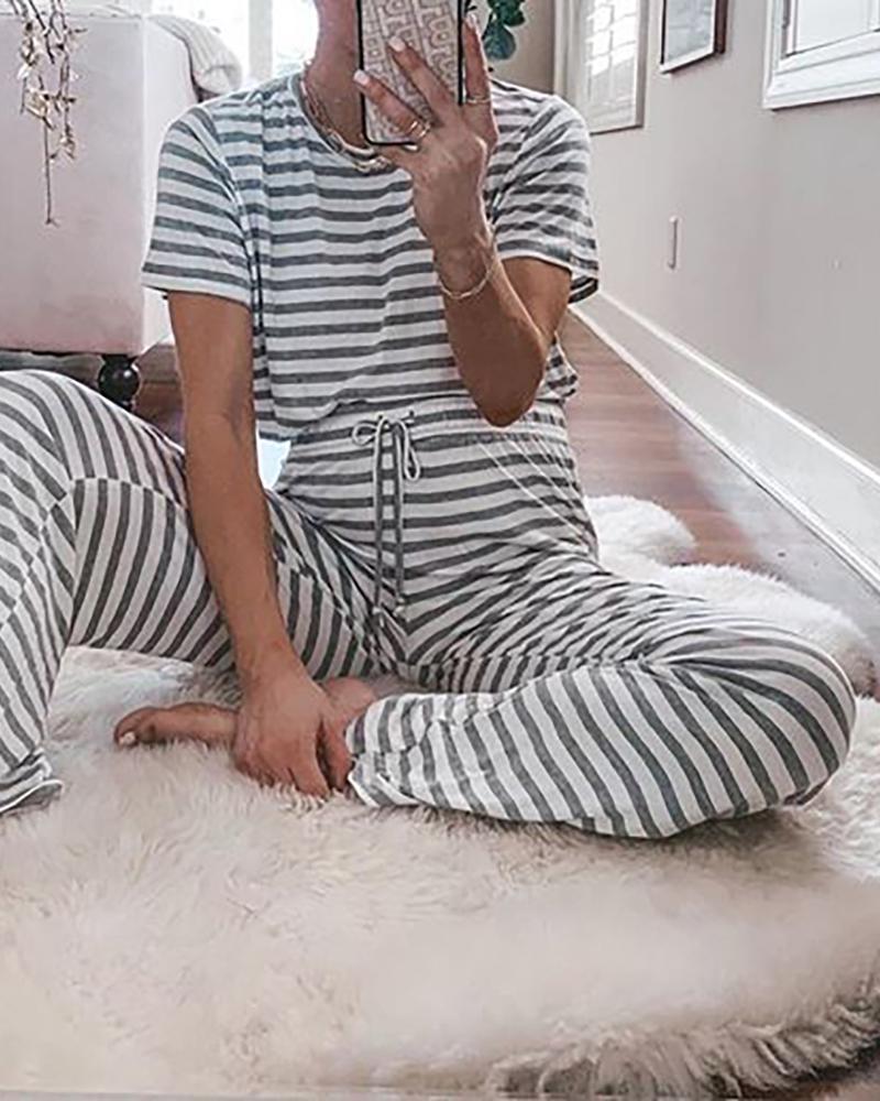 

Short Sleeve Striped Pajamas Set, Gray