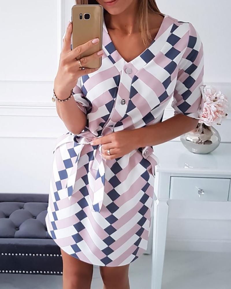 

Grid Print Colorblock Casual Dress, Multicolor