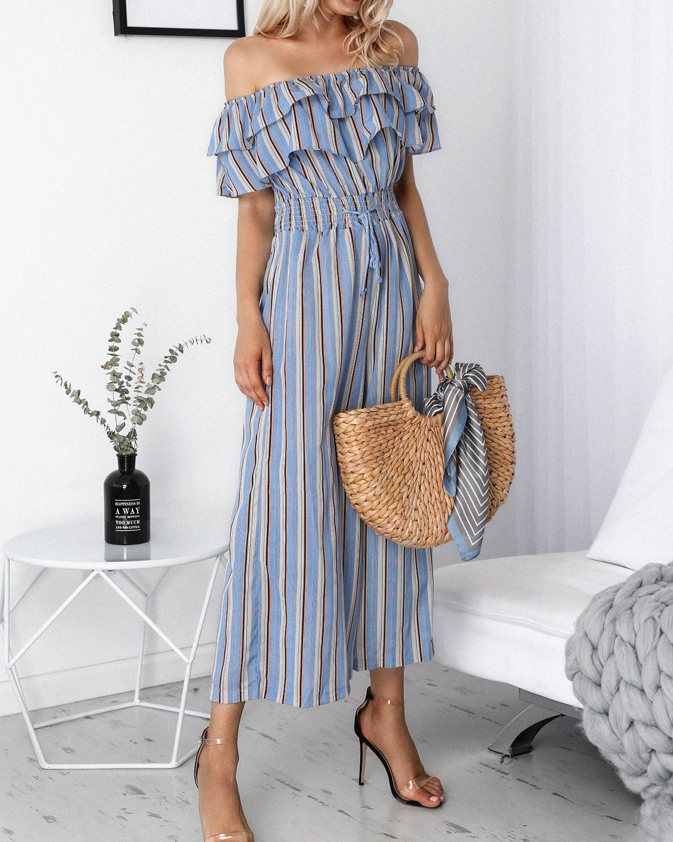 

Striped Layered Flounce Bardot Wide Leg Jumpsuit, Blue