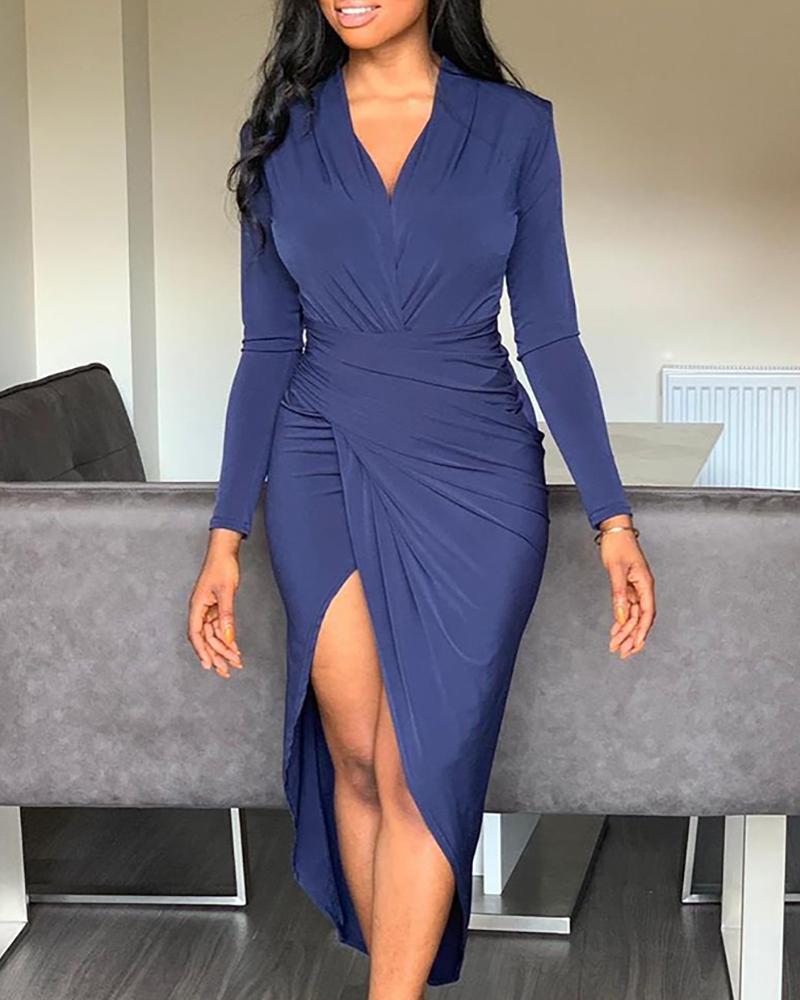 

Ruched Surplice Wrap Slit Irregular Dress
