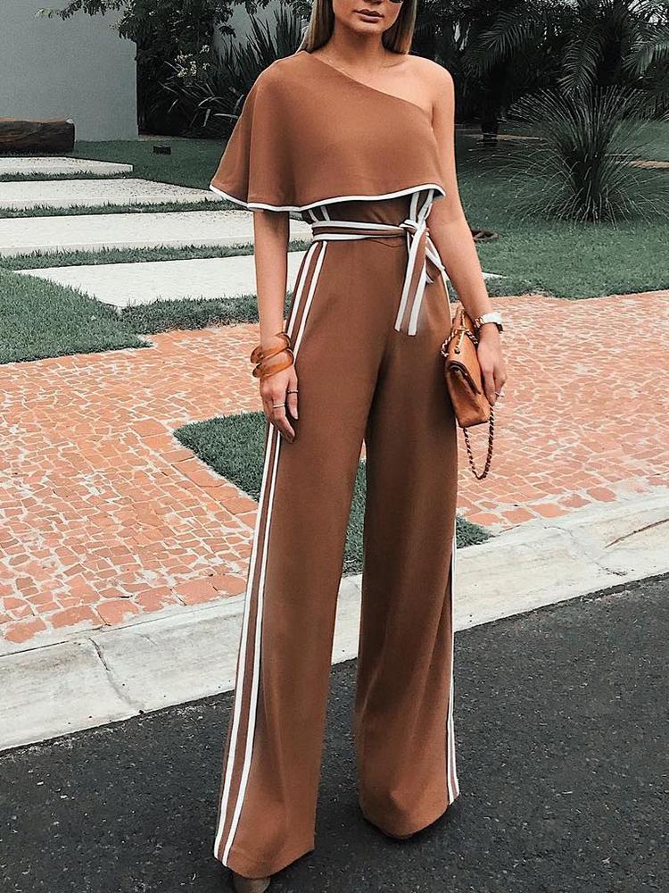 

Contrast Binding Striped Ruffle One Shoulder Belted Jumpsuit