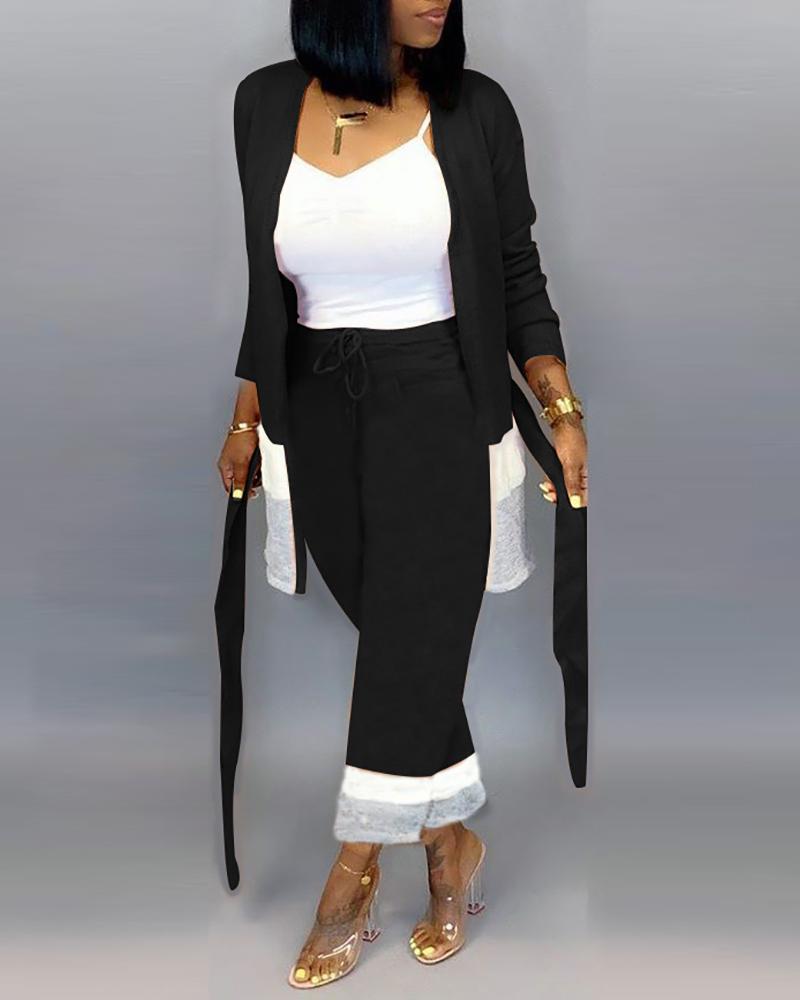 

Colorblock Tied Waist Coat & Casual Drawstring Design Pant Sets, Black