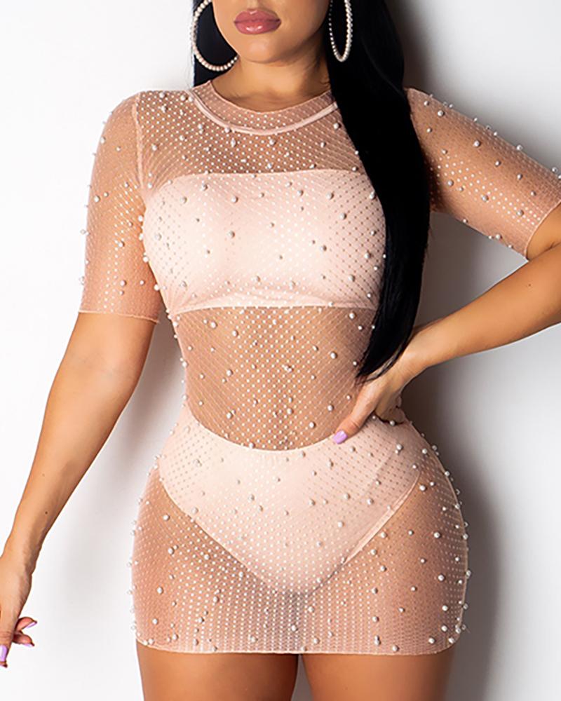 

Beaded See Through Mesh Dress With Lining, Apricot