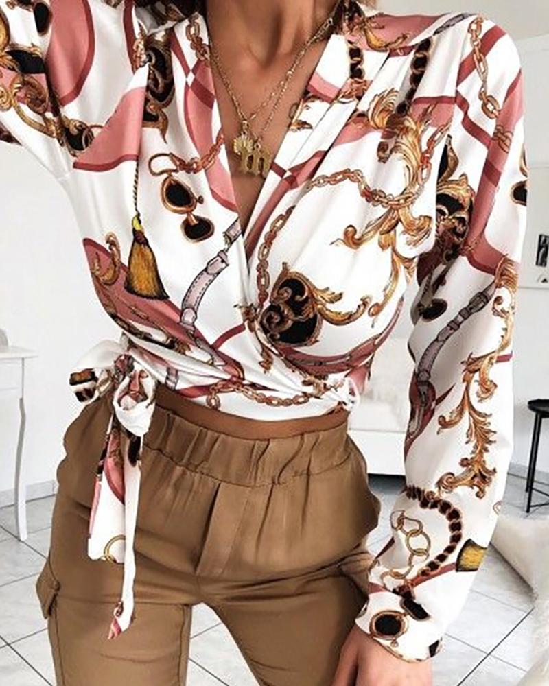 

Chain Printed Long Sleeve Top, Pink
