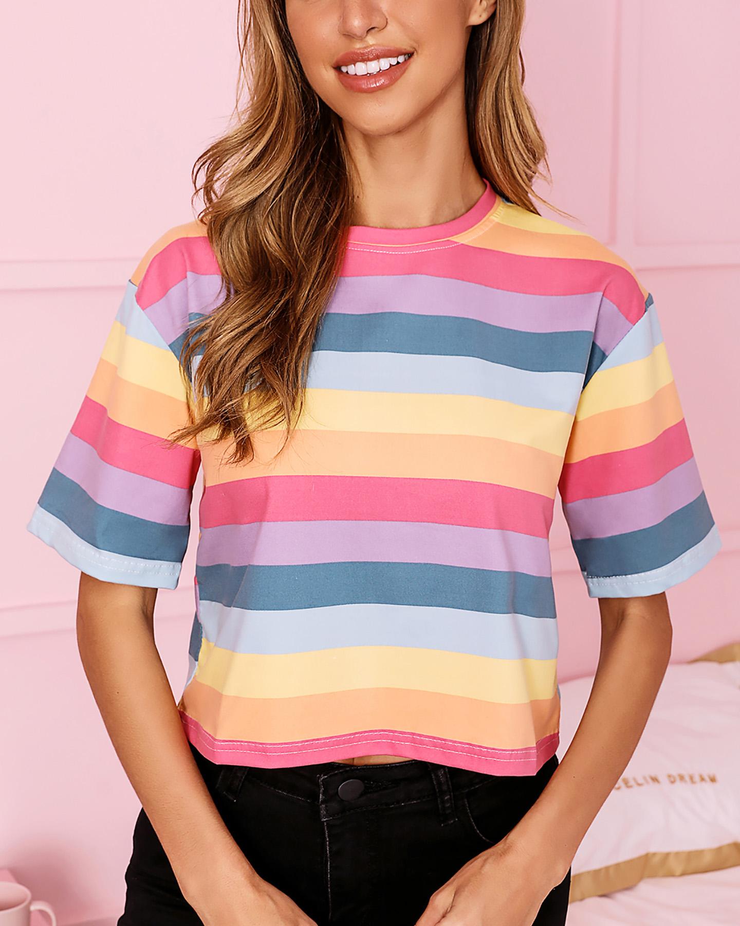 

Short Sleeve Striped Casual T-Shirt, Pink