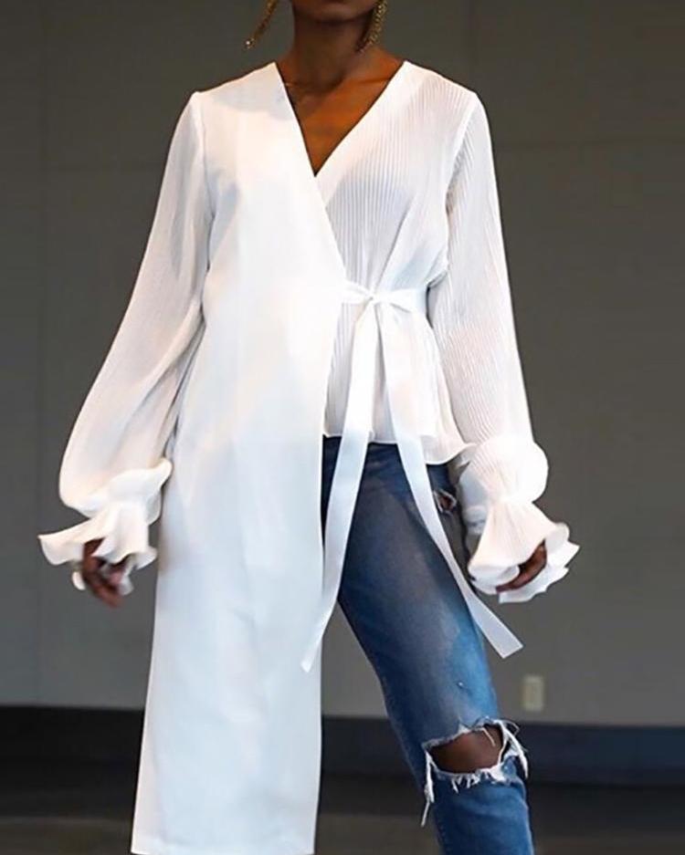 

Lantern Sleeve Tie Side Asymmetric Blouse