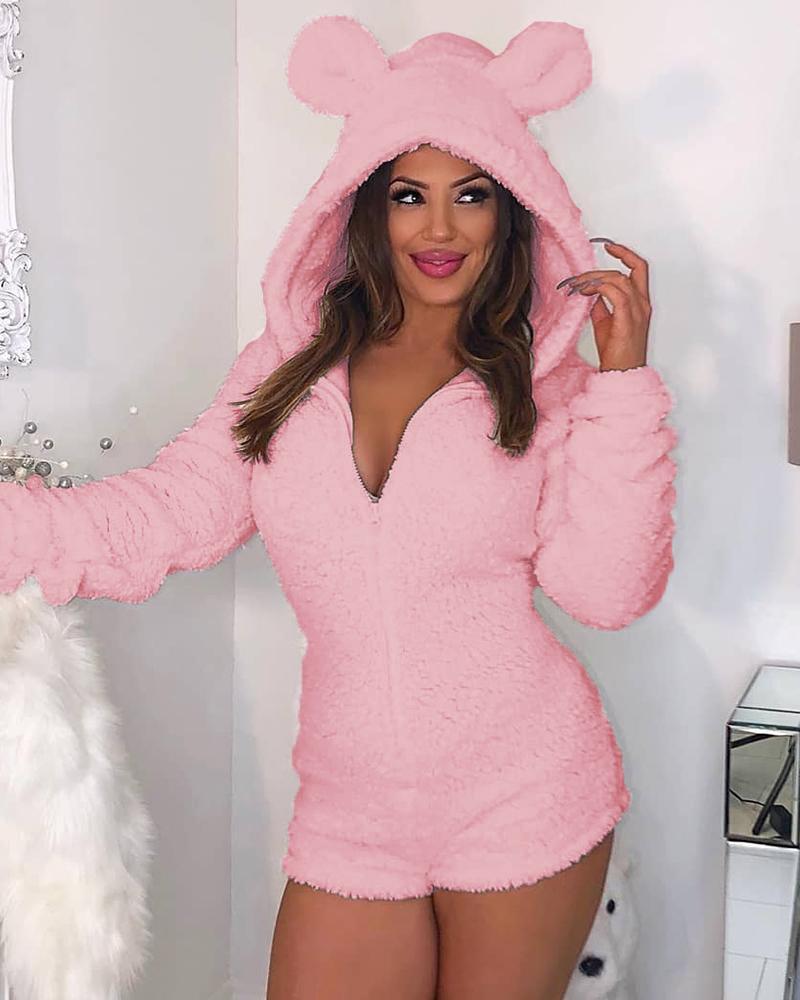 

Fuzzy Bear Zipper Front Hooded Romper, Pink