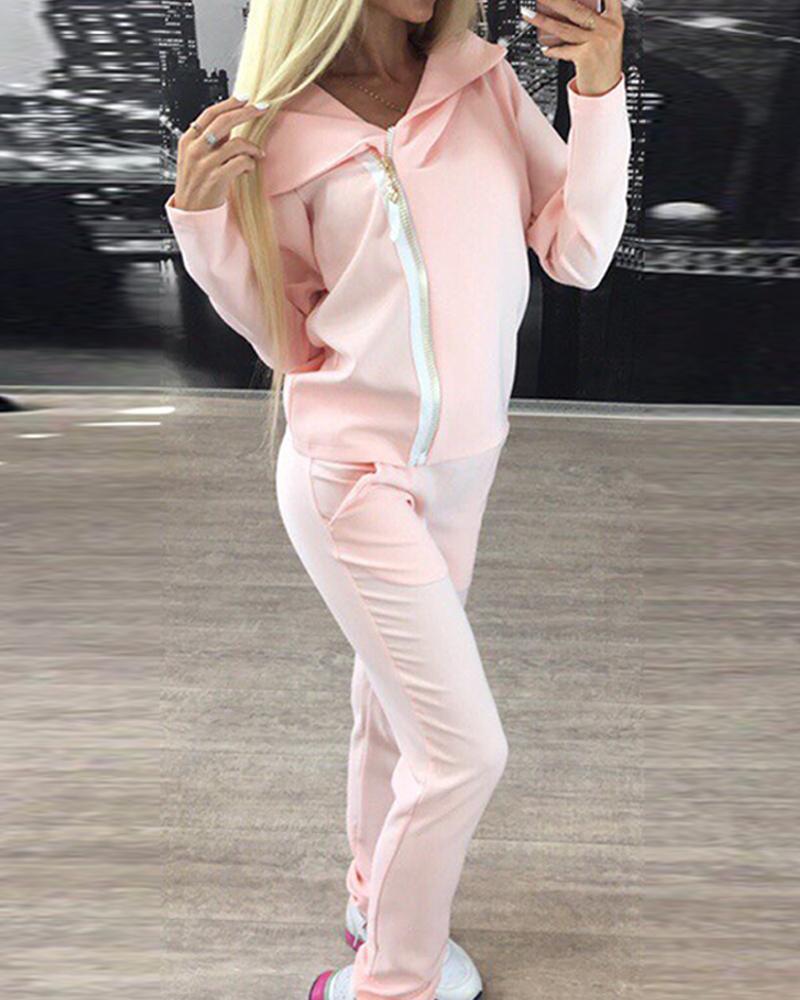

Solid Hooded Zip Front Tracksuit, Pink