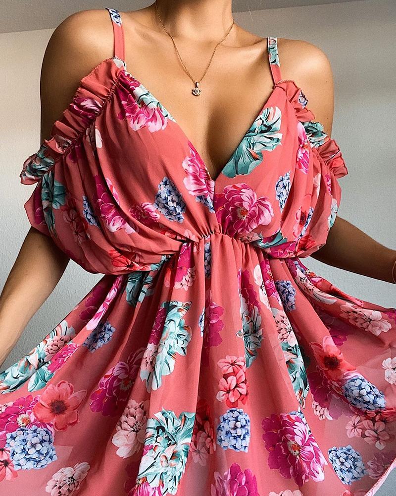 

Floral Cold Shoulder Mini Dress, Red
