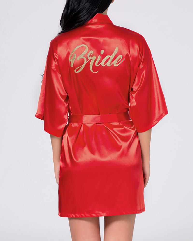 

Letter Print Satin Robe For Bride, Red