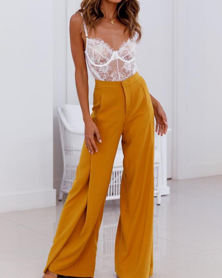 

Solid High Waist Wide Leg Pants, Yellow