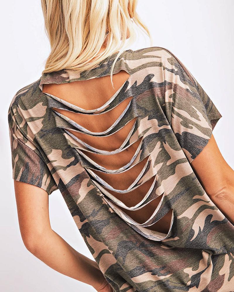 

Camourflage Print Cutout Back Casual Top, Multicolor