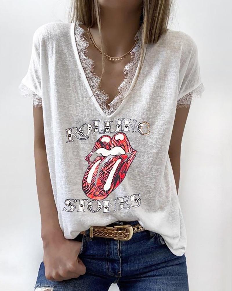 

Letter Lip Print Eyelash Lace Trim T-shirt, White