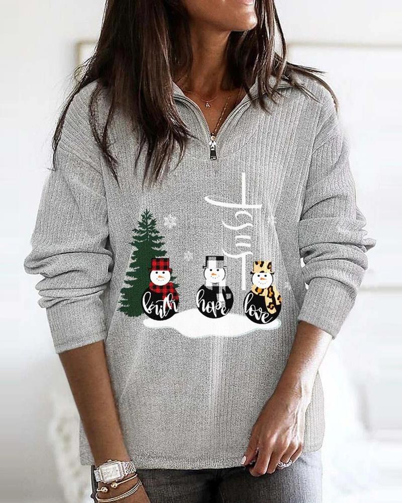 

Christmas Snowman Print Zipper Design Sweatshirt, Gray