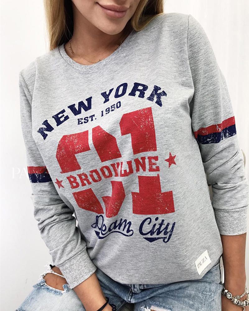 

Letter Print Long Sleeve Casual Blouse, Gray