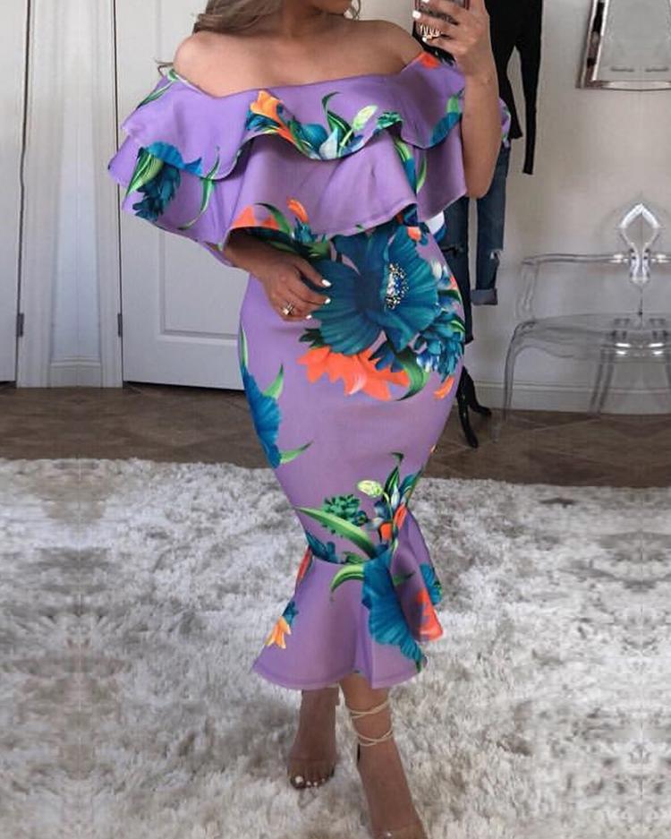 

Floral Print Ruffles Off Shoulder Fishtail Dress, Yellow