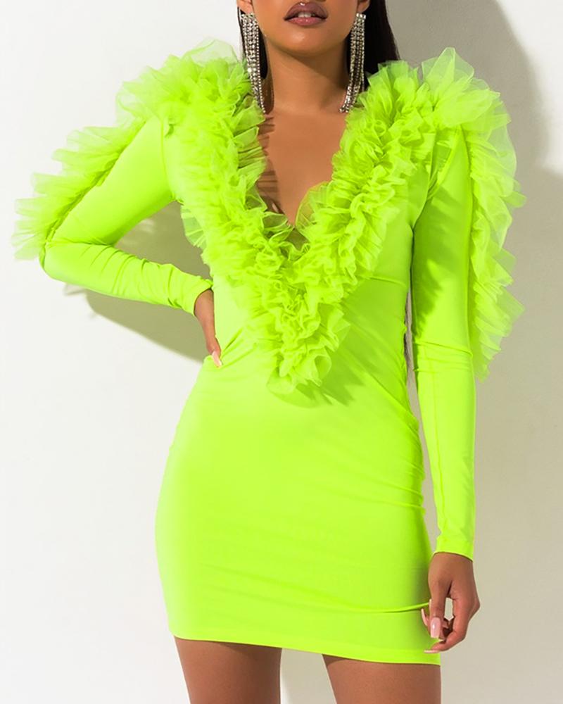 

Plunge Frill Mesh Insert Bodycon Dress, Green
