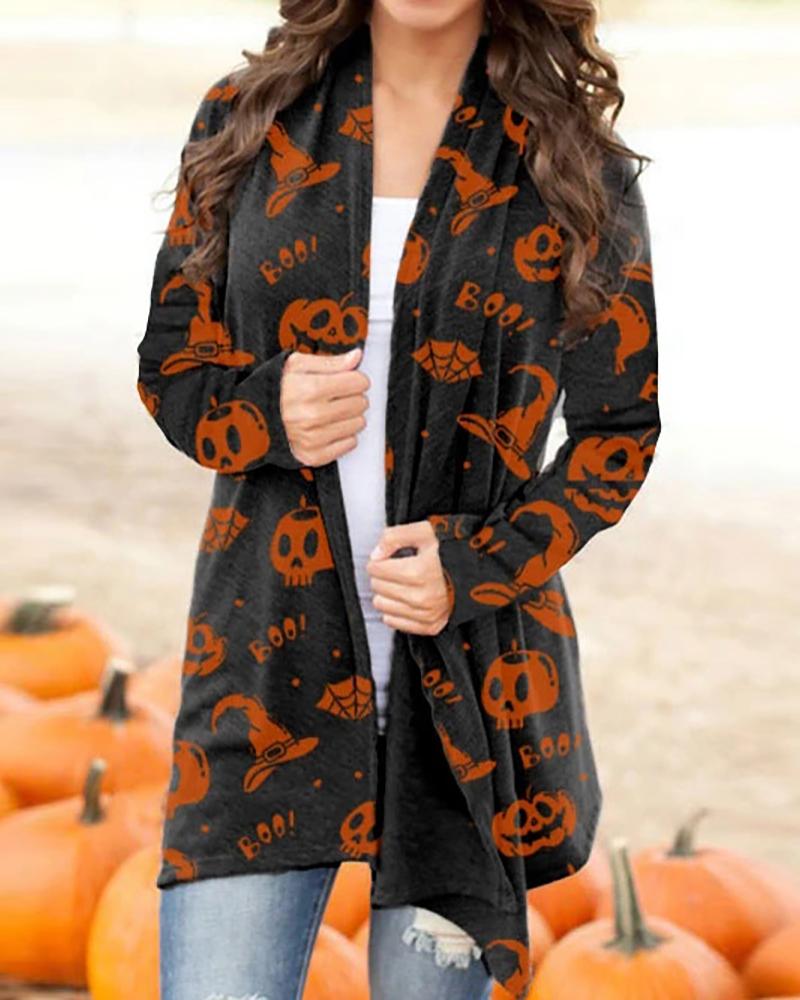 

Halloween Pumpkin Letter Skull Print Long Sleeve Cardigan, Black