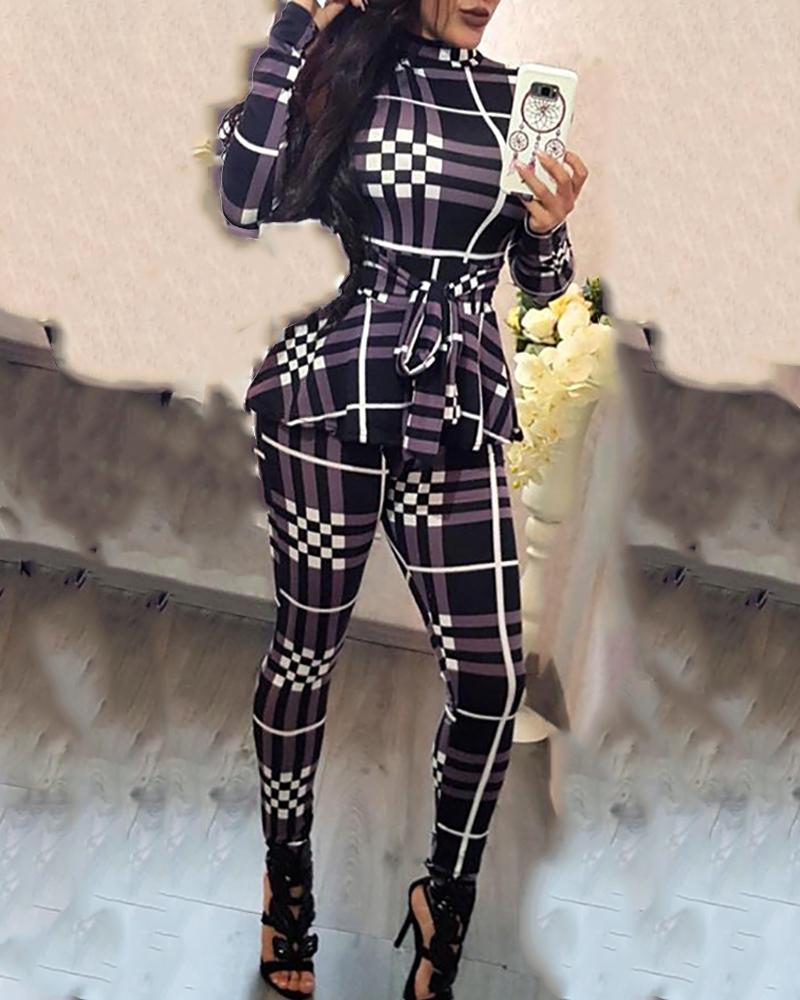 

Long Sleeve Grid Print Peplum Jumpsuit, Purple