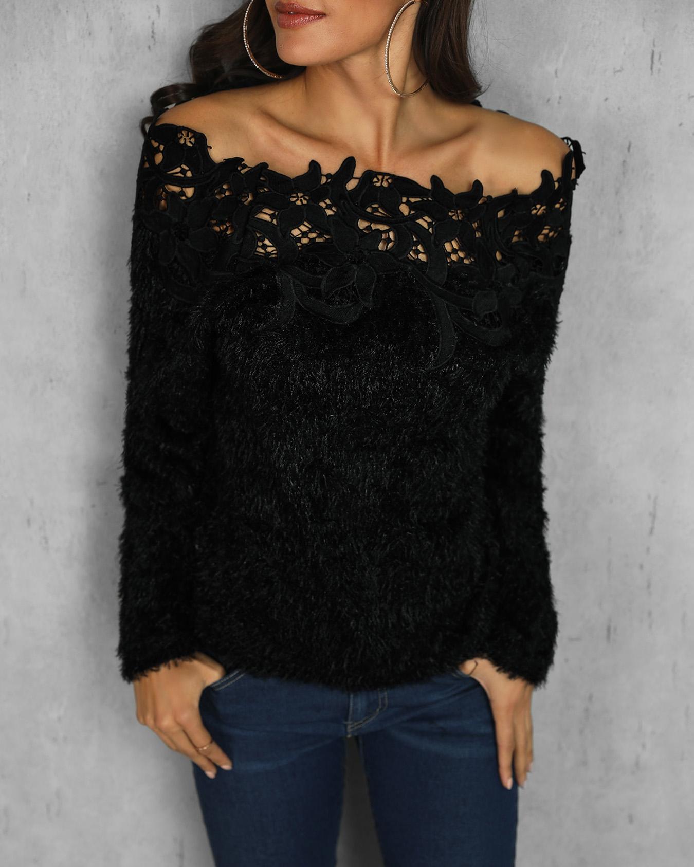 

Off Shoulder Applique Fuzzy Sweater, Black