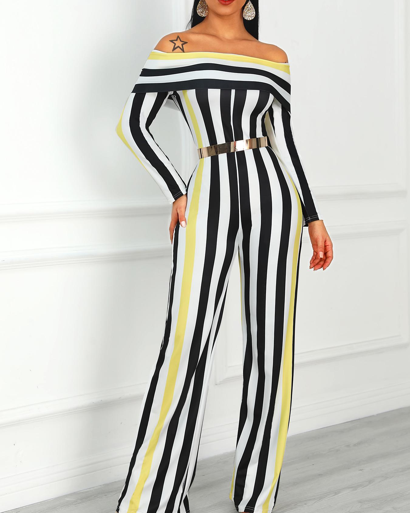 

Contrast Stripes Fold-Over Wide Leg Jumpsuit, Black