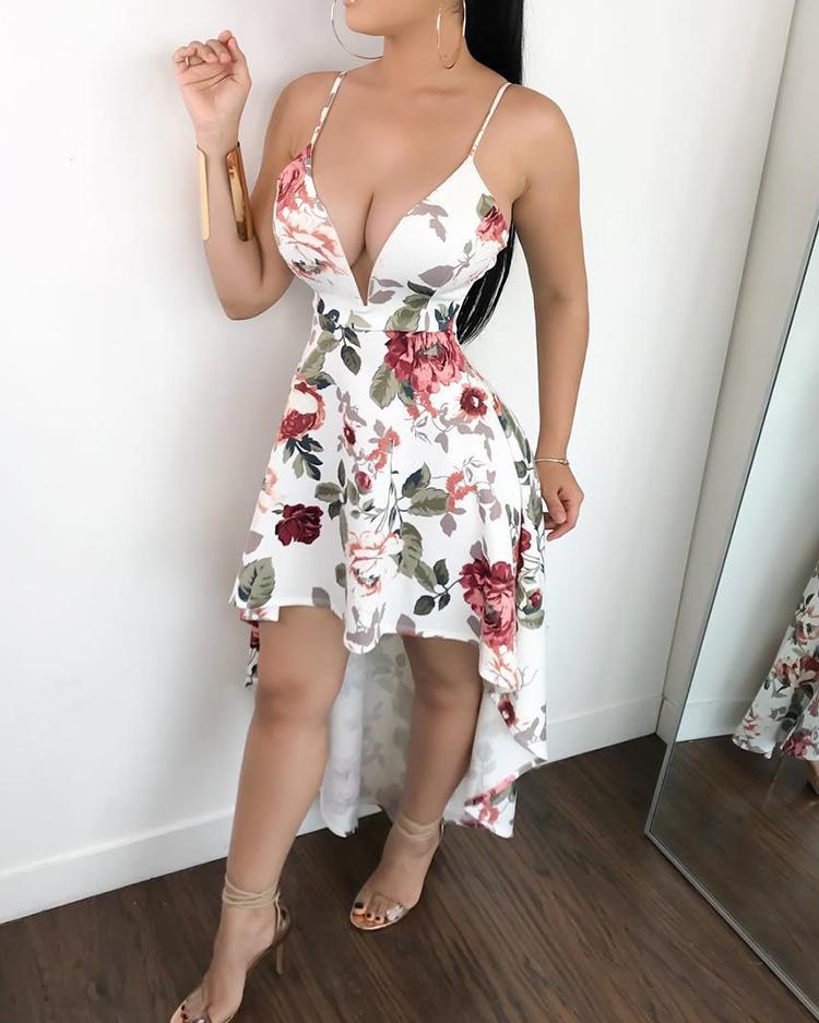 

Low Cut Floral Print Dip Hem Slip Dress, White