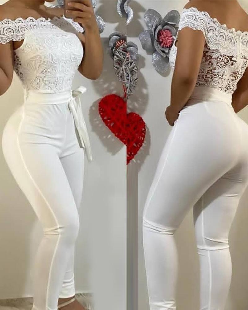 

Off Shoulder Lace Skinny Jumpsuit, White