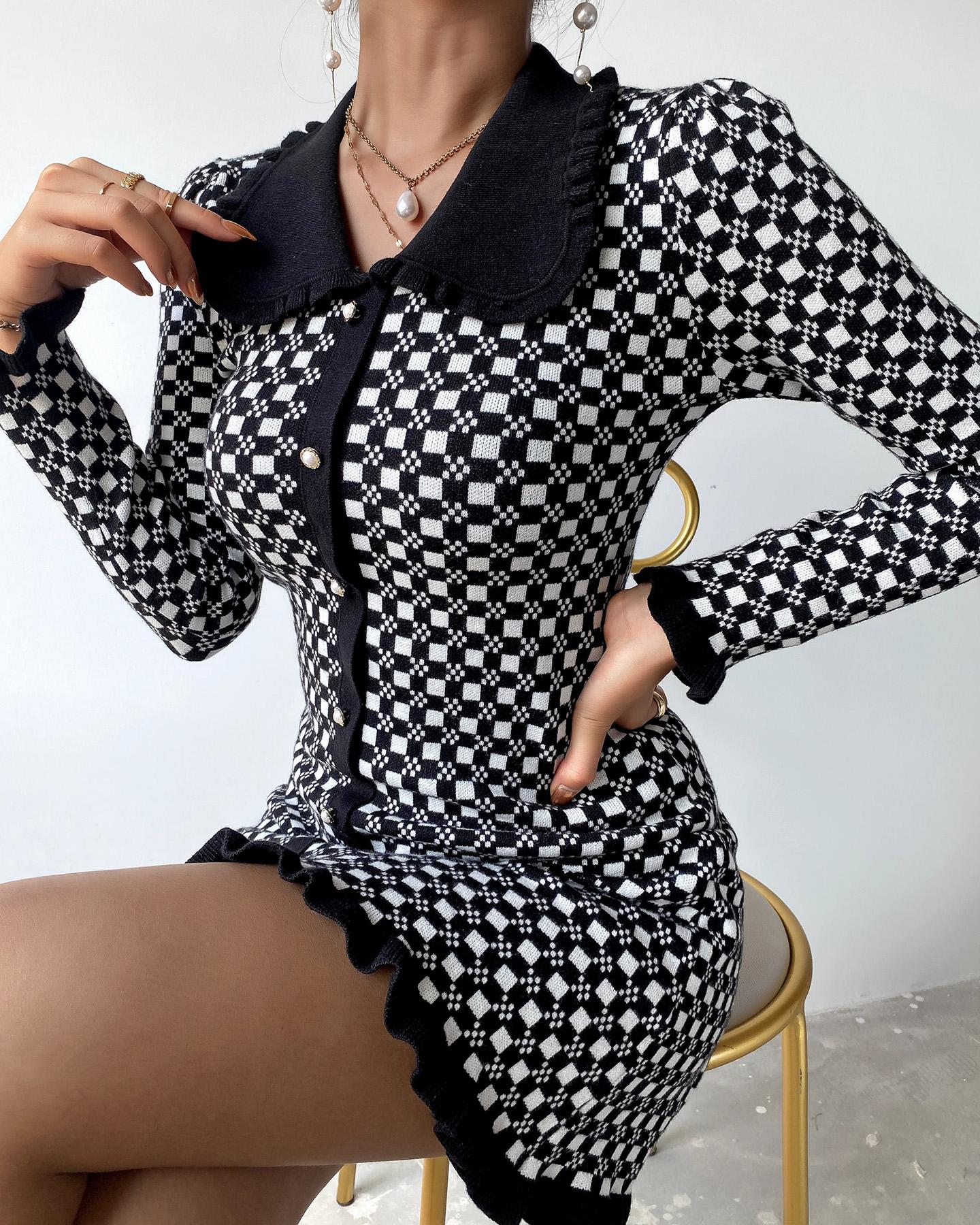 

Plaid Ruffles Button Design Work Dress, Black