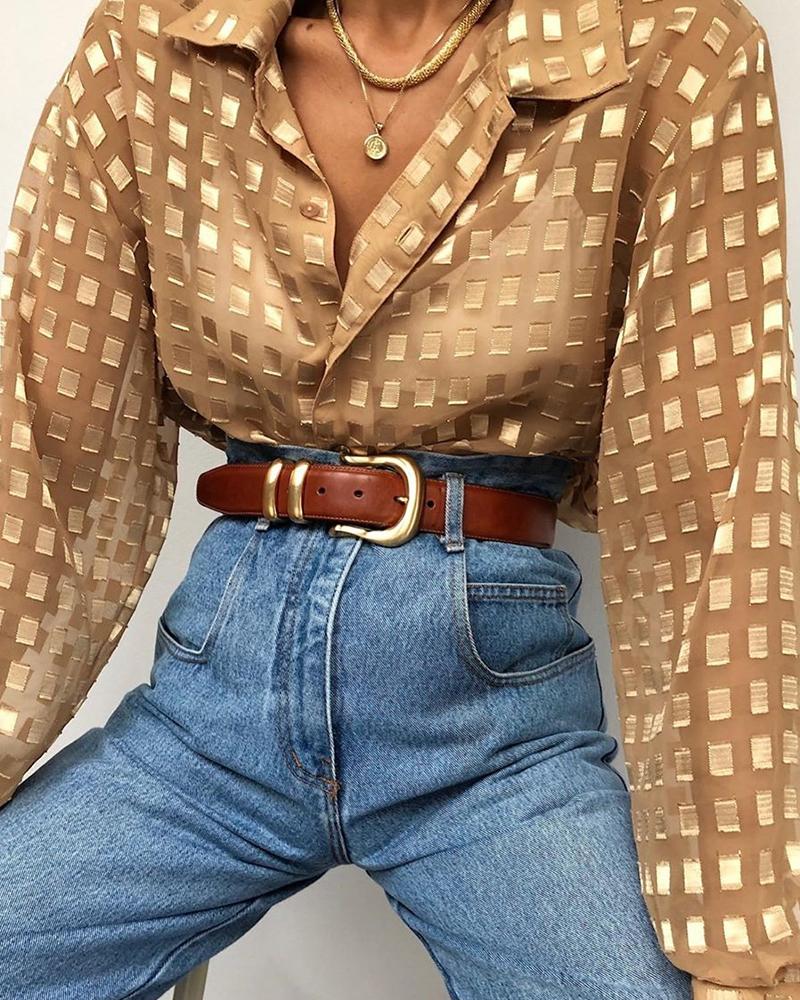 

Gold Foil Print Long Sleeve Mesh Top, Khaki