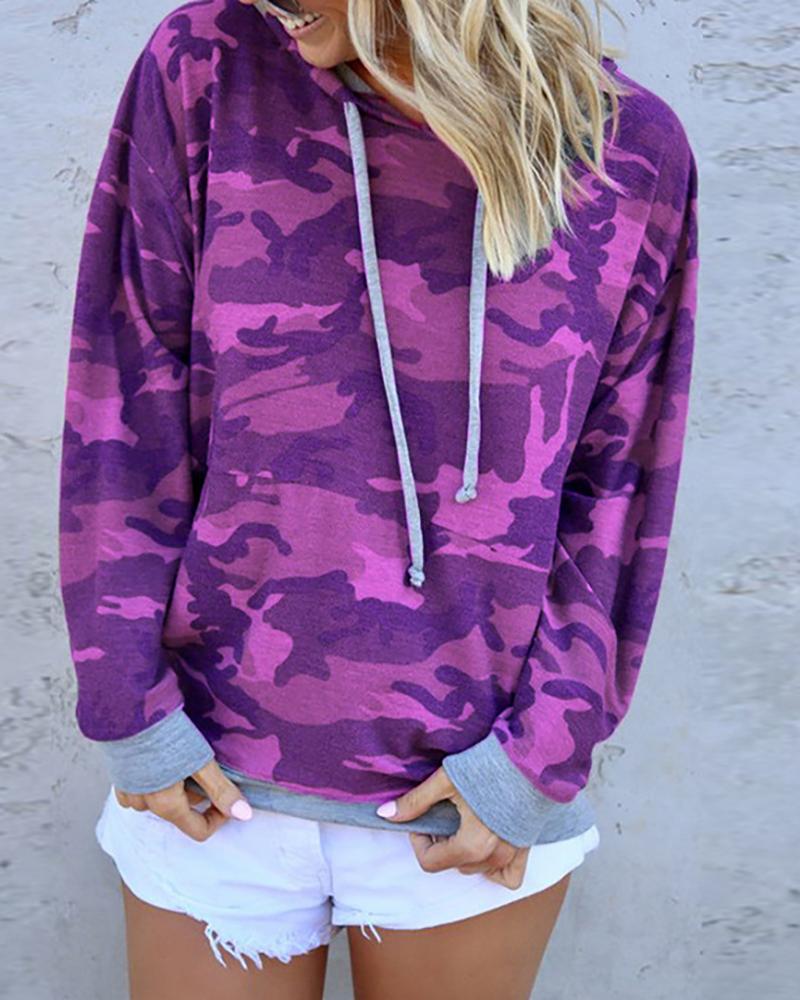 

Hooded Camouflage Drawstring Design Sweatshirt, Purple