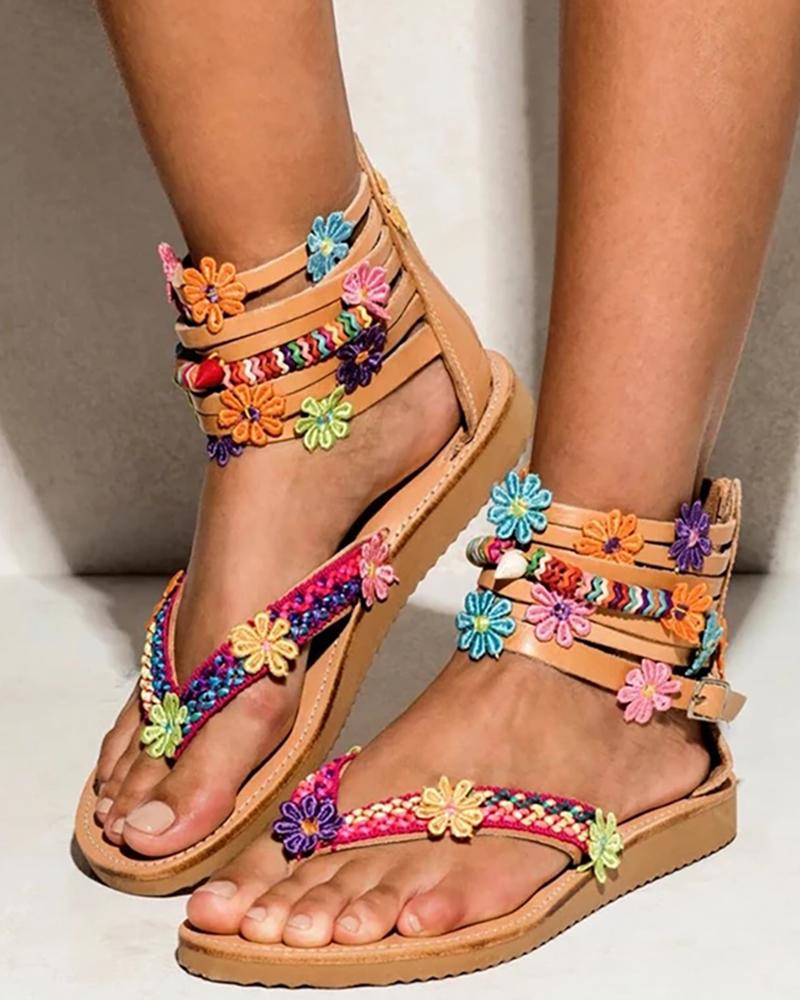 

Flower Detail Multi-Strap Toe Post Sandals, Brown
