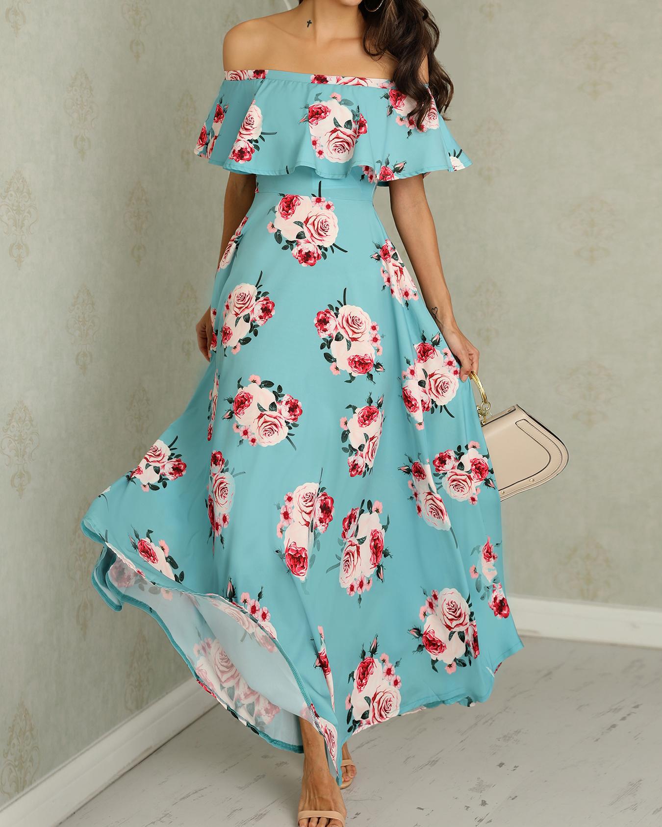 

Floral Print Flounce Ruched Maxi Dress, Green