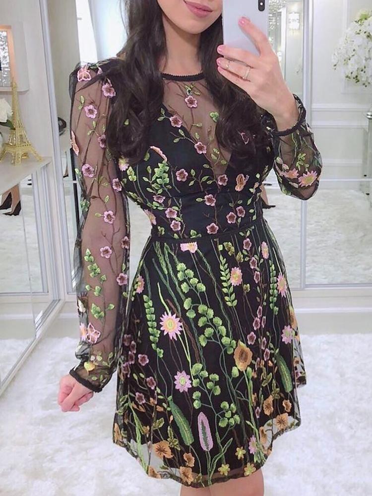 

Floral Embroidery Mesh Overlay Mini Dress