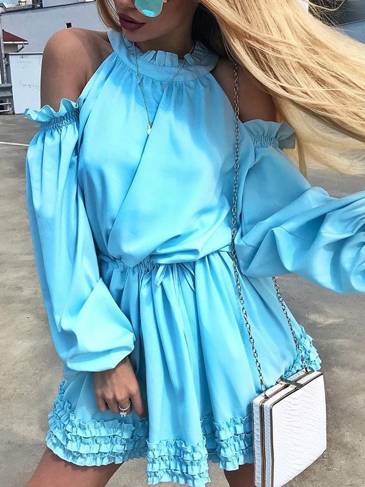 

Solid Cold Shoulder Frill Detail Mini Dress