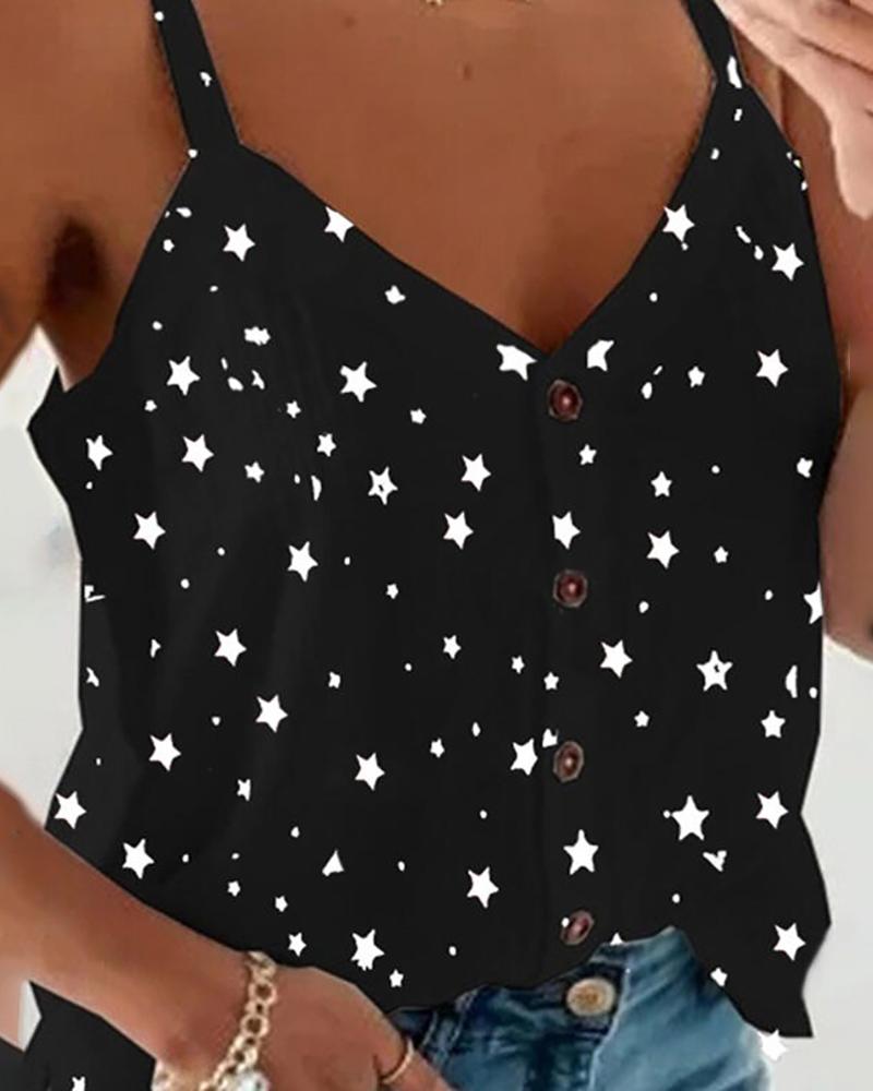 

Star Print Button Design Casual Top, Black