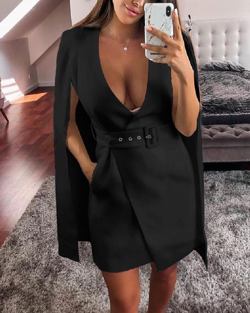 

Solid Poncho Design Belted Dress, Black