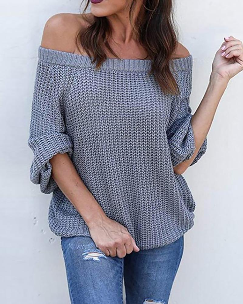 

Solid Off Shoulder Long Sleeve Knitting Sweater