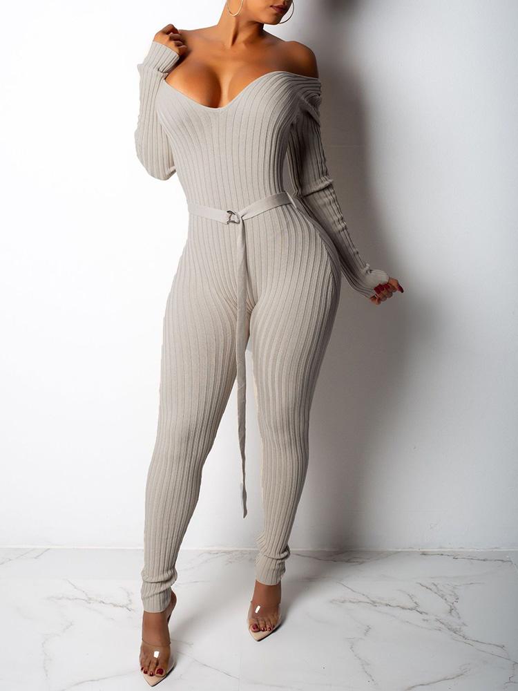 

Double V Long Sleeve Belted Skinny Jumpsuit