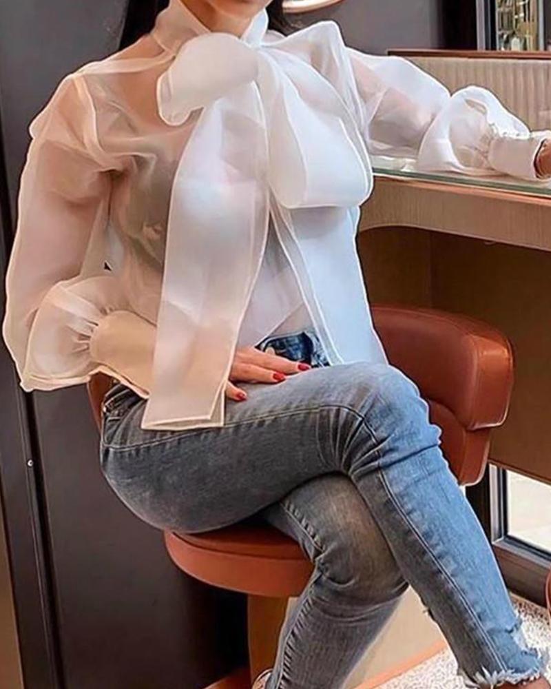 

Mesh Tie Neck Organza Blouse, White