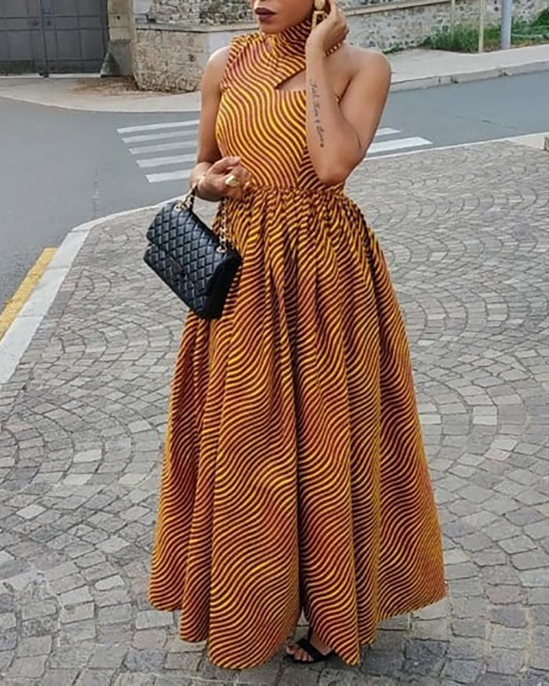 

Wave Print One Shoulder Cut Out Detail Dress, Dark yellow