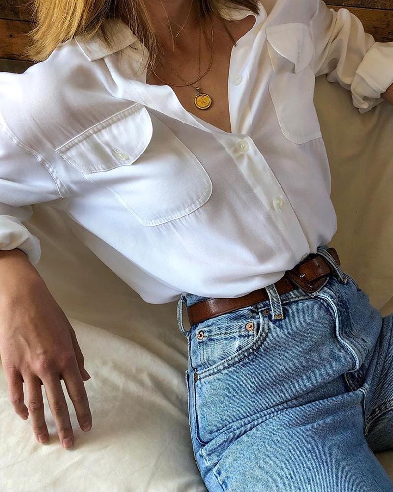

Solid Single Breasted Pocket Shirt, White