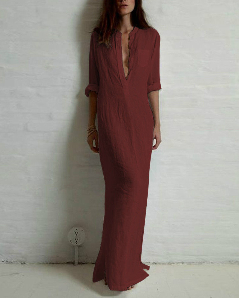 

Long Sleeve Deep V Split Maxi Dress, Wine red